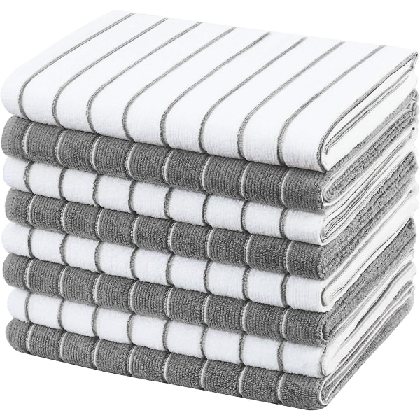 Mikrofiber kökshanddukar - förpackning med 8 (randdesignade grå och vita färger) - Mjuk, superabsorberande, 45 x 65 cm