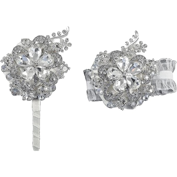 2 stk. Krystall Diamant Corsage Sett Håndledd*1 Brud og Corsage*1 Brudgom Bryllupsfest
