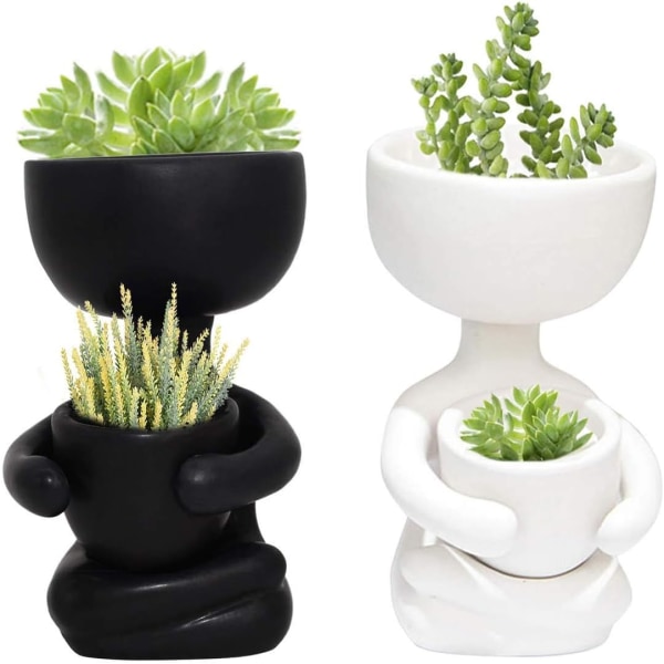 2pcs Ceramic Succulent Plant Pot Creative Human Shaped Small Cactus pots Flower Pots Mini Plant Planters(White &Black )