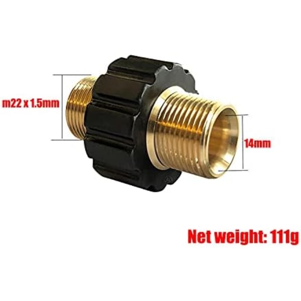 Högtryckstvättanslutning i mässing, metrisk M22 15 mm utvändig gänga till M22 14 mm invändig hål, universell
