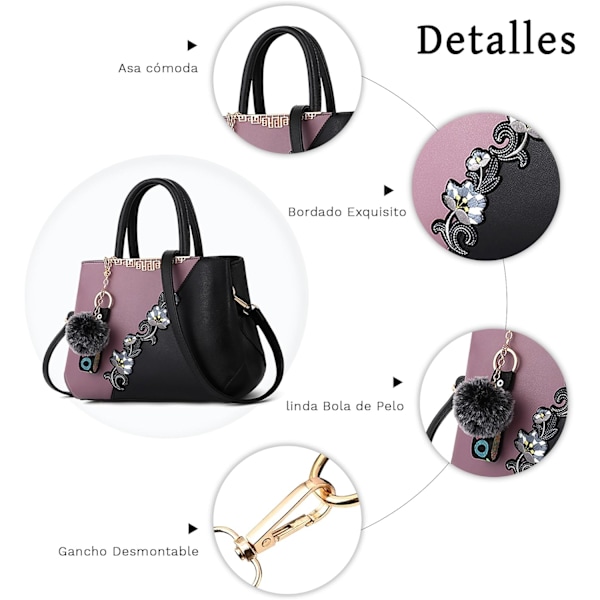 Dametasker Blomstermønster Crossbody Tasker Pom Pom Dekoration Håndtasker Tote Tasker til Kvinder Damer Skuldertaske PU Læder negro