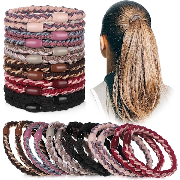 12 stycken elastiska hårband i bomull, flätade hårband, flätade hästsvansaccessoarer för kvinnor (blandade färger) Set 2