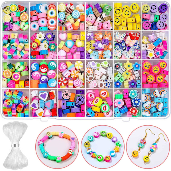 480 stk. frugtblomst polymer lerperler, 24 stilarter trendy søde smiley-perlecharms