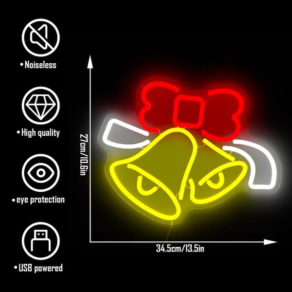 Jul neonskylt för väggdekor, klockformade LED-neonskyltar, dimbar Jingle Bell neonljus för sovrum, barnrum, bar, julbelysning