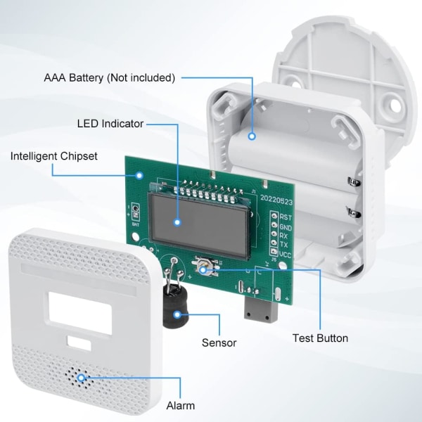 Kolmonoxiddetektor, intelligent kolmonoxiddetektor med LCD-skärm, EN 50291-kompatibel, med testknapp och LED-statuslampa (Mini 1PC)