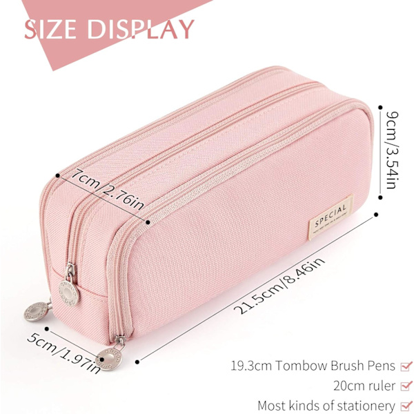 Etui med stor kapacitet, 3 rum, pennepose til skoleteenagere Pink 8.46*2.76*3.54in