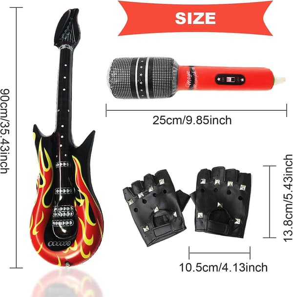 3-pack punkrock partykit - handskar, uppblåsbar gitarr och mikrofontillbehör för fester