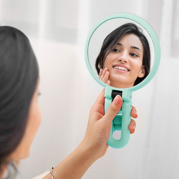 1X 15X forstørrende håndholdt speil, dobbeltsidig sammenleggbart håndspeil for kvinner med justerbart håndtak (grønn)