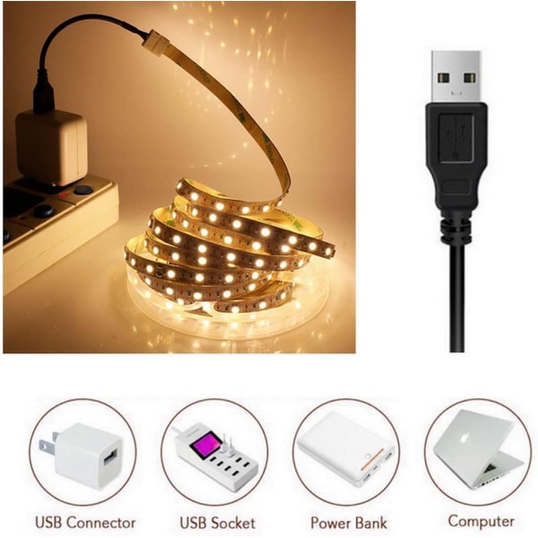 5V USB LED Strip Light Vit TV Bakgrundsbelysning Lampa Självhäftande flexibel tejp Tråd (varm vit-1m 60leds)