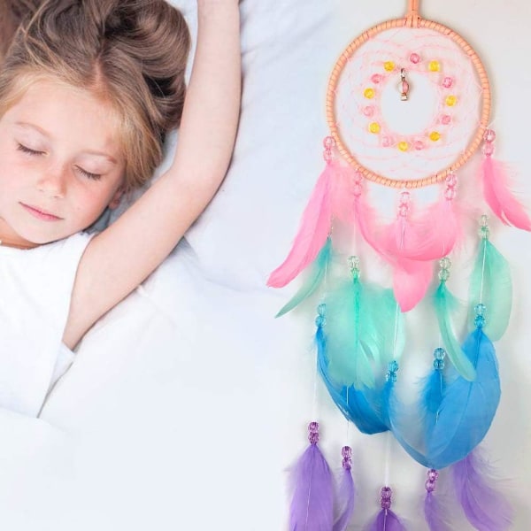 Färgglada drömfångare, handgjorda fjäderindianer cirkelnät för barn Pojkar Flickor Väggupphängning i sovrummet