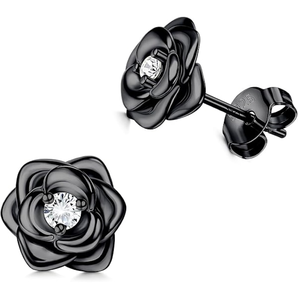 Små Øredobber S925 Sølv Blomster Øredobber for Kvinner Jenter, Cubic Zirconia Øredobber Brusk Øredobber, Smykker Gaver Black