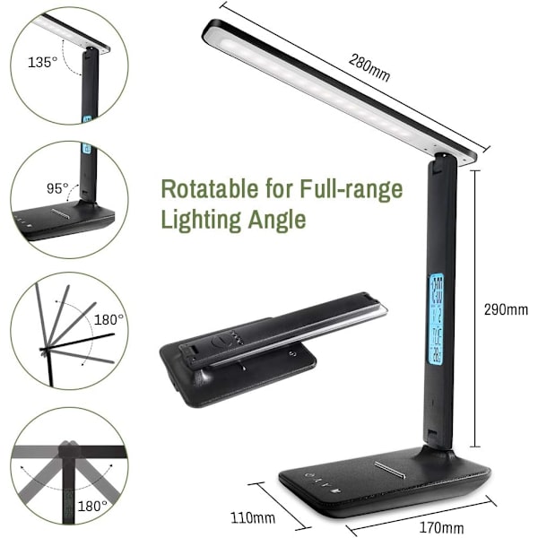 Dimbar LED-bordlampe, 3 moduser/ 5 lysstyrkenivåer/LCD-skjerm/alarmklokke/temperatur og kalender, øyebeskyttende berørings-LED-skrivebordslampe Black