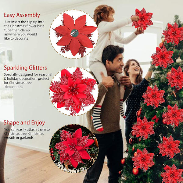 Glitter Poinsettia Konstgjorda Blommor - 12 st Ljusröda Dekorationer