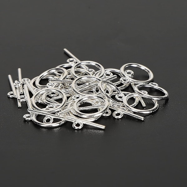 40 sett med flate runde spenner i legering OT-spenne runde kneppespenner T-stang for halskjede armbånd smykkeproduksjon (sølv)