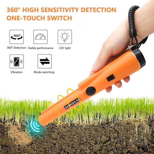 Bärbar metalldetektor, 360° scanning, vattentät med inbyggd LED-indikator/larmljus/9V-batteri, för guldmyntjakt, smycken