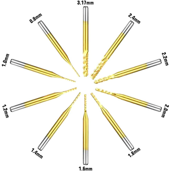 10 st PCB roterande borrar titanpläterade hårdmetallfräsar gravering bits set 1/8\" (3 mm) skaft borr för CNC roterande gravering 0,8 mm-3,175 mm