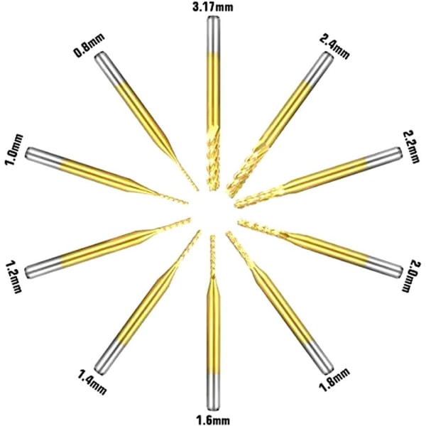 10 stk. PCB roterende freser i titanbelagt karbid, sett med endekuttere, 1/8\" (3 mm) skaft, bor for CNC roterende gravering 0,8 mm-3,175 mm