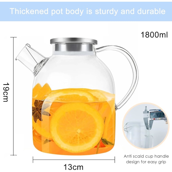 1,8 liters Borosilikatglass med rustfritt stål lokk og håndtak, Glasskanne, Klar og holdbar, for is-te, varmt vann, juice, vin, melk, kaffe