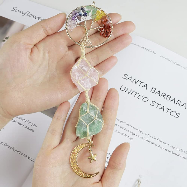 Livets träd Chakra stenar Healing kristaller Måne och stjärna för väggprydnad Meditation Hängande bilprydnad Fönsterprydnad