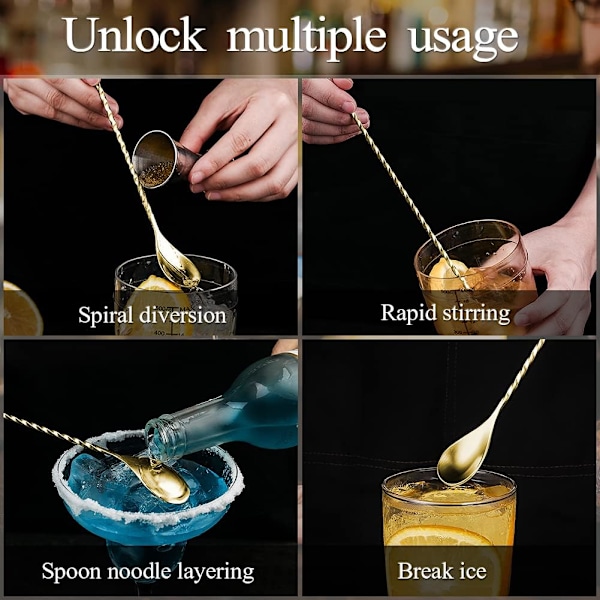 Cocktail-omrøringskje i rustfritt stål, lange håndtak, lang vridd cocktail-omrører for bartender, lang og attraktiv spiraldesign for omrøring Imitation gold