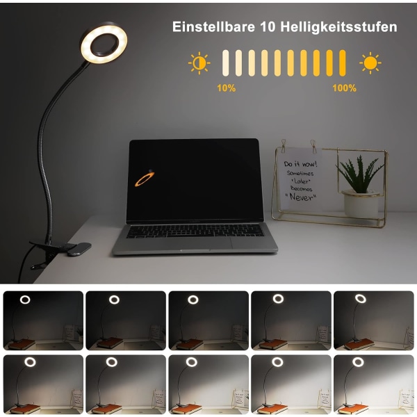 360° Fleksibel LED Klemmelampe, 3 Tilstande og 10 Lysstyrkeniveauer - Fleksibel Klemmelampe til Sengeryg, Soveværelse, Kontor 12W Sølv