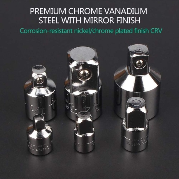 Oumuik sett med 6 hylseadaptere/reduksjonssett med 6 hylseadaptere og reduksjonssett med 6 reduksjonsadaptere for 1/4\", 3/8\", 1/2\", 3/4\" hylseomformer