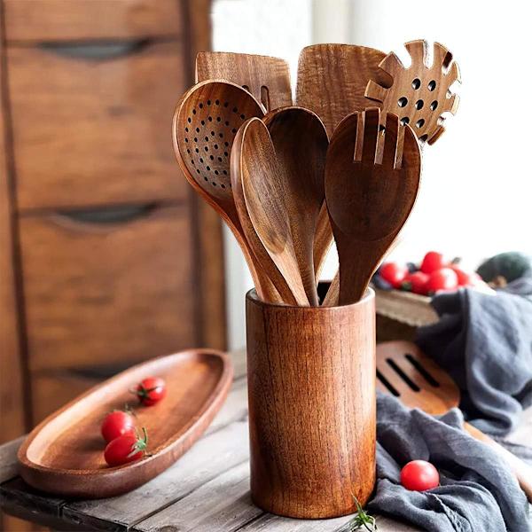 Tresetter i tre for matlaging, 7 stk tresleiver for matlaging i teak tresleiver sett tresleiver