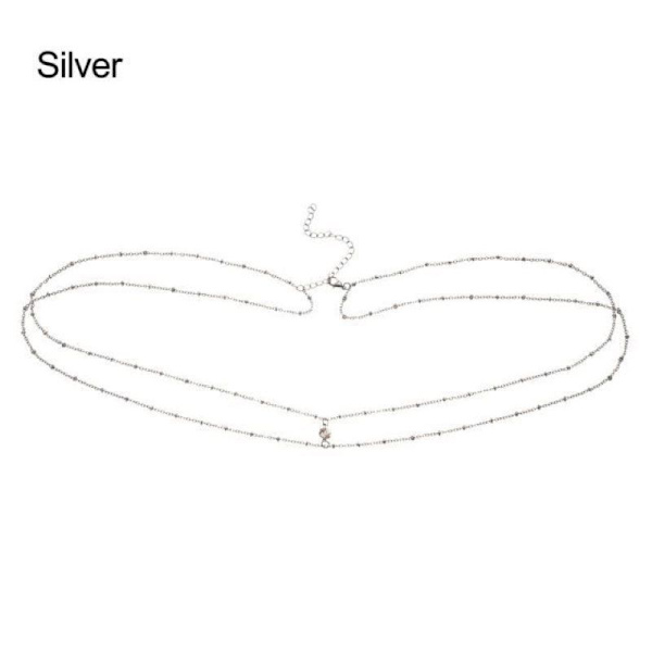 Boho Body Chain Lagdelt Kobber Perle Rhinestone Midjekjede Strand Body Tilbehør Justerbar Smykker for Kvinner og Jenter (Sølv)