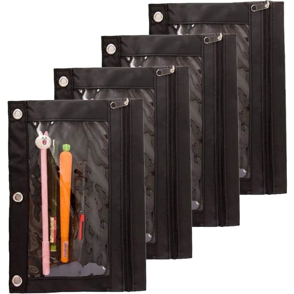 Pennpåse för 3 ringpärmar, penna med case Pennfodral Pärmpåse med genomskinligt fönster 4-pack (svart)