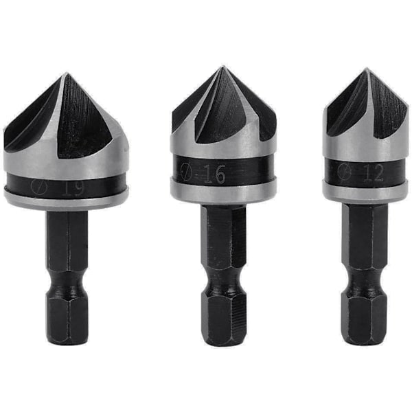 3 st 1/4\" Hex HCS Fasavskärare 5 Flöjt Borr Bits Fasavskärare Sänksänk 12mm/16mm/19mm För Trä Metall