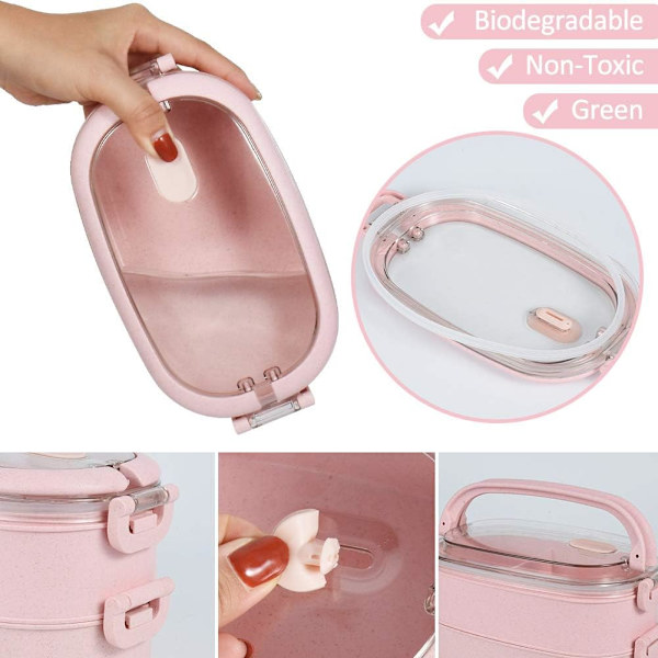 Lunchboks med 3 rom og gratis bestikksett (Beige - 2 lag)