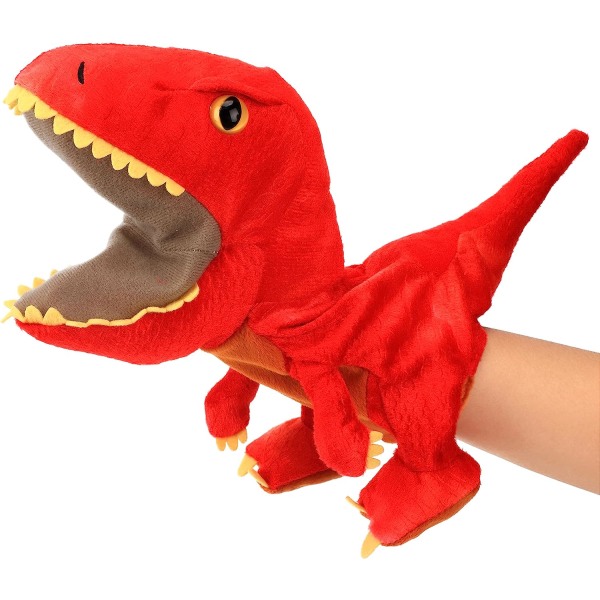 Dinosauriehanddocka i plysch med aktiv mun för cosplay, berättande, låtsaslek, födelsedagspresenter till barn, pojkar, flickor, röd, 28 cm