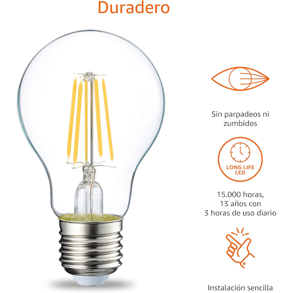 E27 Edison LED Pære, 4W (40W Ækvivalent), Klar Glødetråd, Ikke-Dæmpbar, Pakke med 6 4W