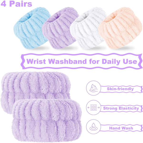 8 st tvättlappar för ansiktet i mikrofiber, armband för tvätt av handleden, spa-armband för tvätt av ansiktet, absorberande