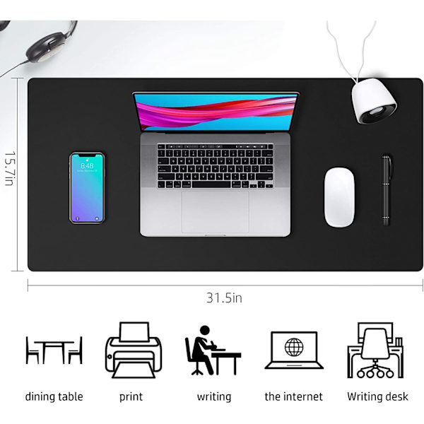 Læder Skrivebordsunderlag, Skridsikker PU Læder Skrivebordsunderlag, Laptop Skrivebordsunderlag, Vandafvisende Skrivebordsunderlag til Kontor og Hjem Black 31.5" x 15.7"
