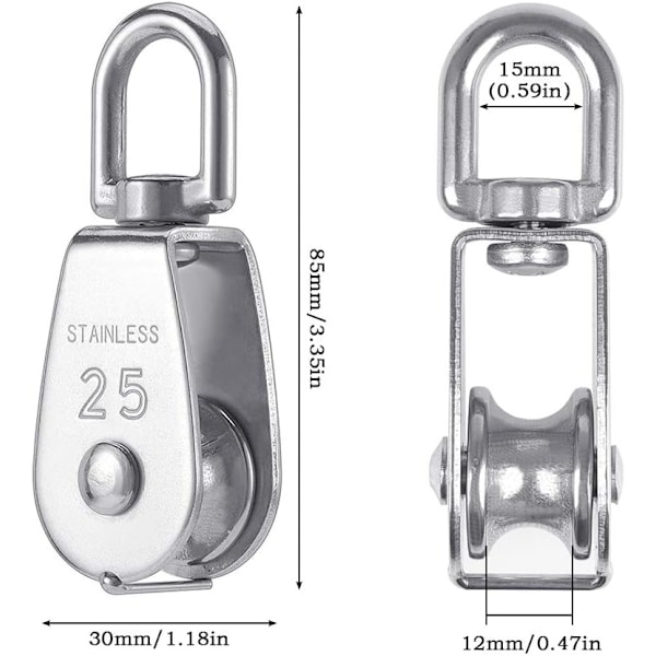 4 stk. 25mm sølv 304 rustfrit stål et-stykke blokke, et-stykke kran til M25 enkelt krog remskive remskive drejepapir belastning 150 kg