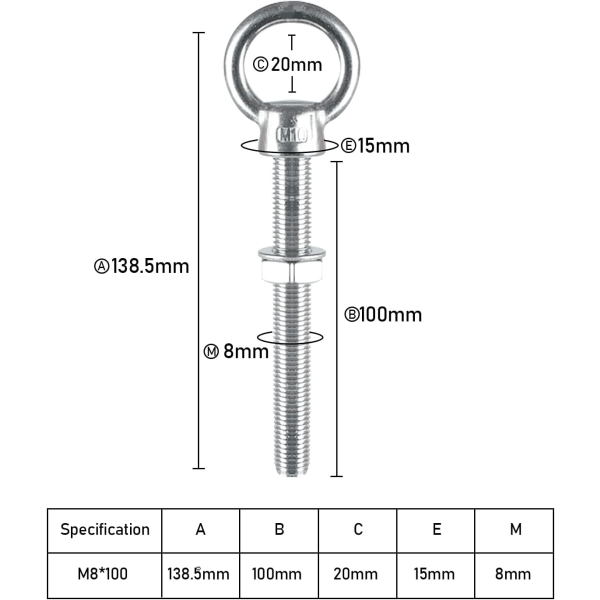 M10 x 100mm Øjebolte M10 Ringskruer med metrisk gevind i rustfrit stål til fastgørelse og ophængning, 4 stk.