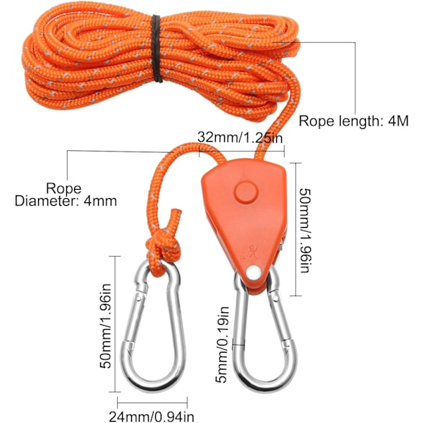 2 kpl 4M säädettävää ratkettavaa köysiä, oranssi 1/8 ratkettava hihnapyörä 2 vaihtokoukulla, heijastava ratkettava köysijännitys lamppuihin, kasveihin, telttaan, vaellukseen