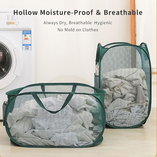 Hopfällbar tvättkorg, 2-pack Vikbar tvättkorg, Pop-up nät tvättkorg, med sidoficka (Grön)
