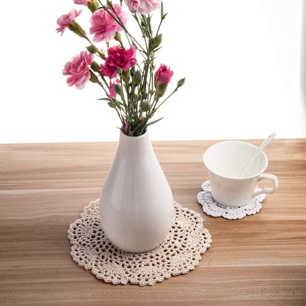 Käsinkudotut puuvillaiset virkatut aluslautaset pitsi pöytätabletit, noin 20 cm, 4 kappaletta (beige)