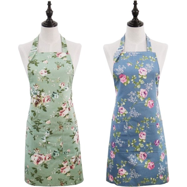 Blommiga förkläden för kvinnor, 2-pack köksförkläden med 2 fickor, söta bakpresenter för bagare, trädgårdsförkläde