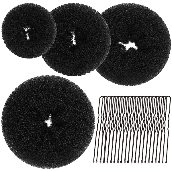 Set， 4 st hårstycksbollar för munkbullar (extra stor, stor, medium, liten) med stora bobbynålar svart 20 st