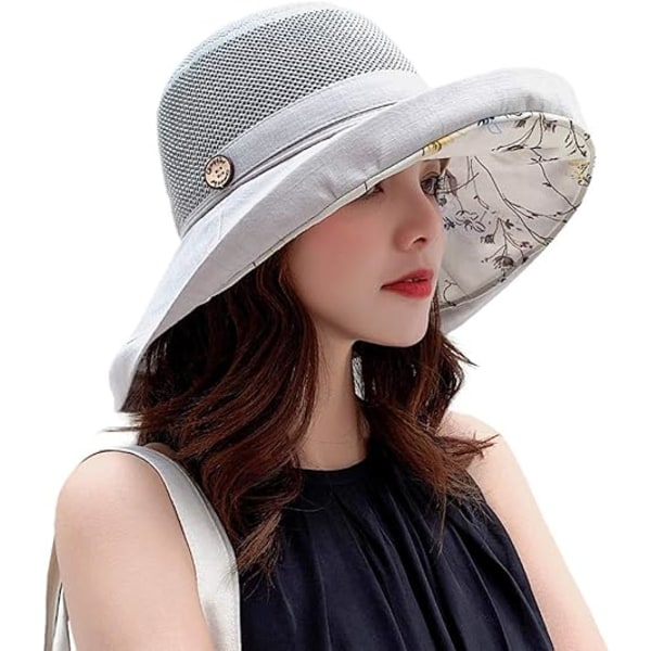 Kvinners Mesh Solhatter Sommer Strand UV Beskyttelse UPF Pakkbar Bred Brede Hakesnor gray