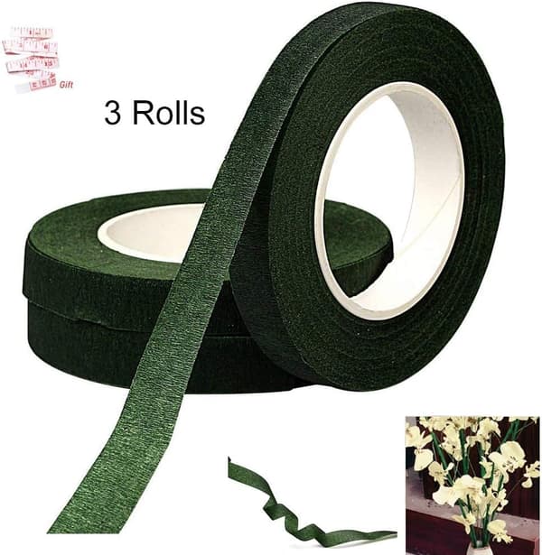 3 ruller blomstertape, 12 mm bred blomstertape, 30 meter/rulle mørkegrøn blomstertape