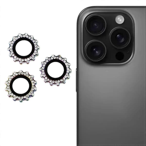 Kameraskydd för iPhone 14 Pro/14 Pro Max, kugghjulsform, strassdekor, härdat glas