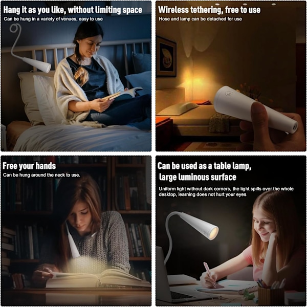 4-in-1 LED-kannettava lukulamppu, Ladattava lukulamppu 3 valaistustasolla ja 3 kirkkausasteella, 360° joustava lukulamppu Blanco