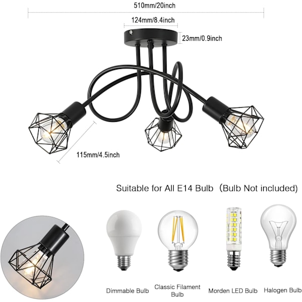 Industriell 3-veis taklampe lysekrone semi-flush mount E14 sokkel svart metall bur 3 lys taklampe (pærer ikke inkludert)