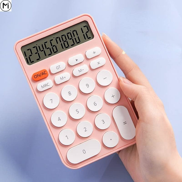 Vakiolaskin 12-numeroinen, jossa suuri LCD-näyttö ja pyöreä painike  Laskin Kannettava