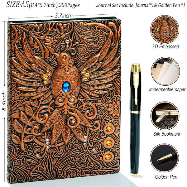 Vintage 3D Phoenix præget læder skrivejournal, A5, 200 sider, rejsedagbog og notesbog til at skrive i, til kvinder og mænd (rød bronze) Phoenix(Red Bronze) 8.4x5.7In