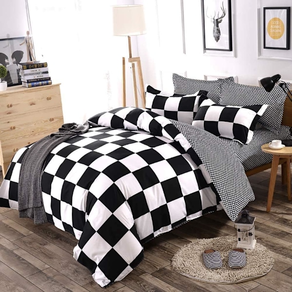 Rutiga påslakan + 2 x örngott - Svartvitt geometrisk vändbart sängklädesset 2 personer Vuxen med dragkedja (220x240cm)